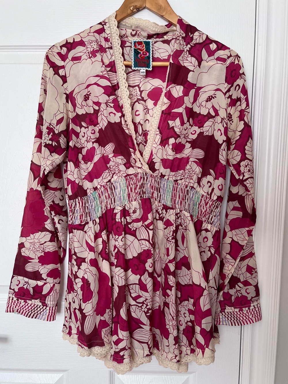 Johnny Was Silk Boho Floral Smocked Mini Dress Lace Trim
